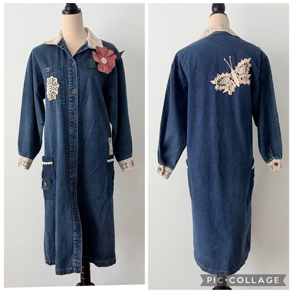 Dresses & Skirts - 🌸 Grandma Core Reworked Denim Midi Dress Lace Butterfly Cottagecore 🦋